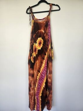 Brown Tie-Dye Maxi Dress with Yellow Magenta Floral Accents O/S